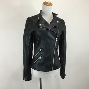 H&M Hennes Black Faux Leather Red Lining Zip Pockets & Sleeve Moto Jacket